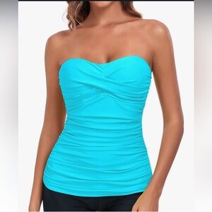 Anne Cole Twist front Ruched Solid Bandeau Tankini Top Sky Blue